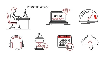 Illustration of a person working at a desk with remote work icons and elements displayed around them