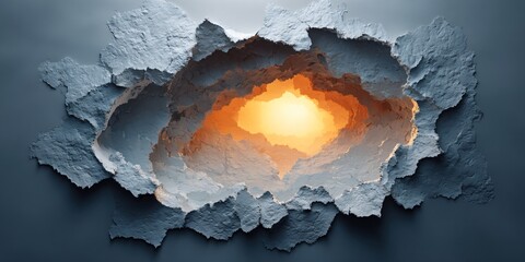 Abstract cracked and torn surface with textured layers revealing a radiant orange-yellow glow from a deep, mysterious opening.