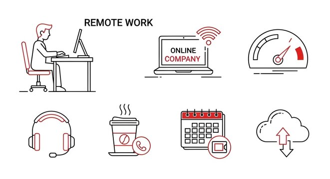 Illustration of a person working at a desk with remote work icons and elements displayed around them