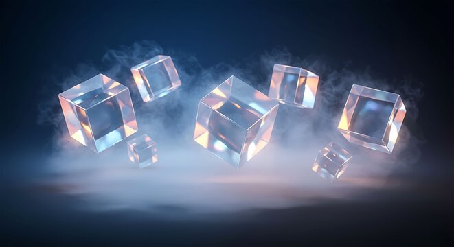 Abstract glass cubes floating in smoke on dark background transparent - Powered by Adobe