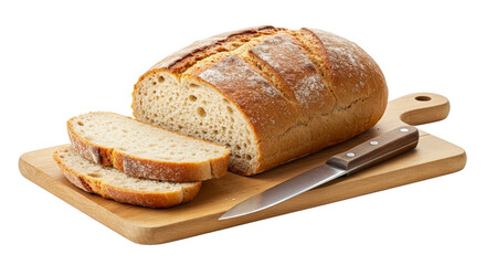 Homemade loaf of bread cut on a board with a knife beside it  isolated on a transparent background  