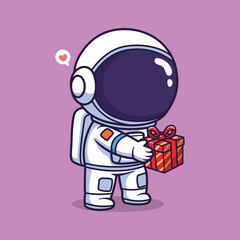 Cute Astronaut Holding Gift with Heart Bubble . Whimsical Space Vector Illustration