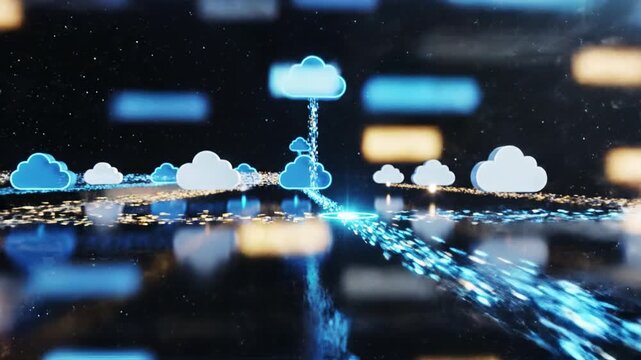 Digital clouds float in cosmic space, illuminated by glowing edges, showcasing technology and innovation through abstract blue connections in network of data transfer and cloud computing