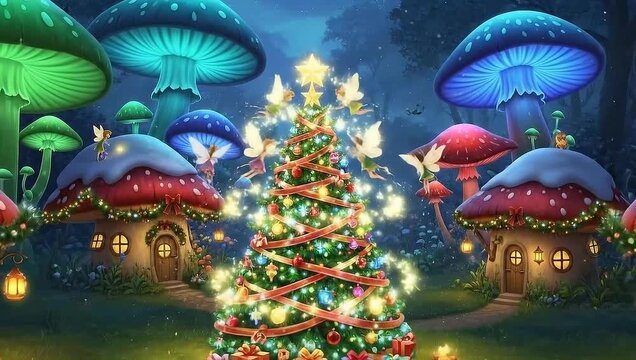 Magical Christmas Fantasy Scene with Fairies, Santa Claus, and Winter Wonderland