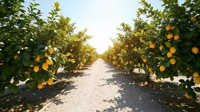 Sunlit Pathway Through Thriving Lemon Orchard, Rows of Citrus Trees Laden with Ripe Yellow Fruits Under Bright Sky, Symbolizing Bountiful Harvest and Fresh Produce