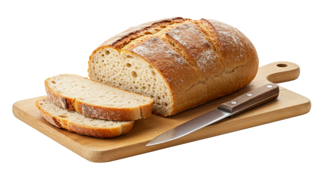 Homemade loaf of bread cut on a board with a knife beside it isolated on a transparent background - Powered by Adobe