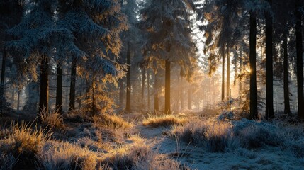 frosty forest with golden morning light,
