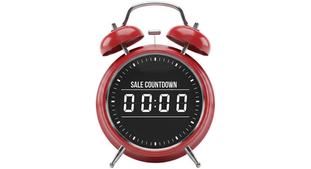 Classic alarm clock with red frame showing sale countdown timer  isolated on a transparent background  