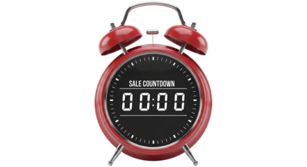 Classic alarm clock with red frame showing sale countdown timer  isolated on a transparent background  