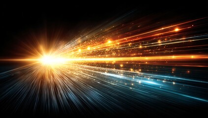 Abstract glowing light burst with dynamic speed lines and sparkling particles, representing high-speed digital data flow and technological future.