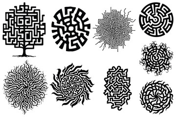 Collection of eight black abstract maze and organic designs