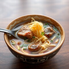 Hearty bowl of savory broth with noodles tender meat and green onions soup delicious