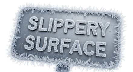 Frozen warning sign 'Slippery Surface' with icy texture on transparent background  