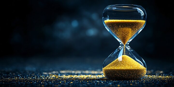 measuring time with gold glitter in hourglass on dark background