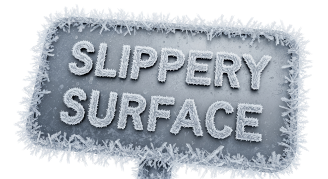 Frozen warning sign 'Slippery Surface' with icy texture on transparent background  