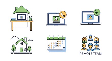 Illustration of remote work setup with desk laptop calendar and team collaboration icons arranged neatly