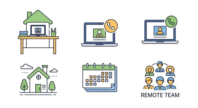 Illustration of remote work setup with desk laptop calendar and team collaboration icons arranged neatly