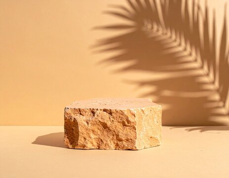 Minimalist scene featuring a rough stone block as a podium for product presentation, with a warm palm shadow on a sandy beige background