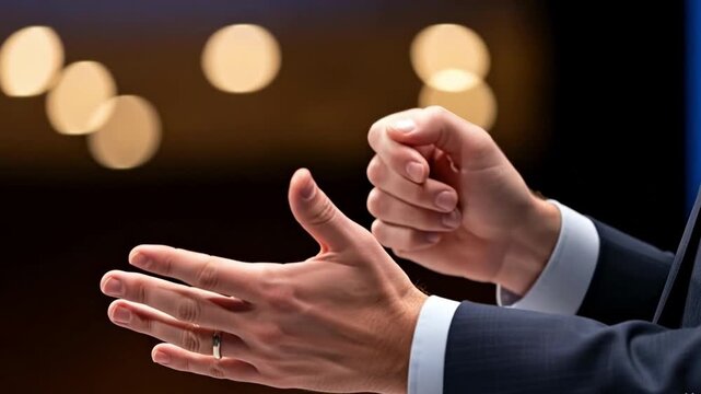 Close-up of a man's hands in a business suit during a public speech.  Confident gestures of the speaker's hands during the speech.