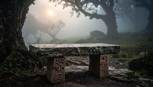 An ancient carved stone bench sits in a mystical, foggy forest with ethereal morning light breaking through the trees - Powered by Adobe