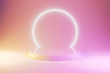 The glowing neon ring and circular platform are illuminated in a pink gradient.