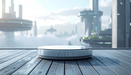 Sleek presentation platform on a rooftop overlooking a magnificent, cloud-filled futuristic urban landscape for product showcasing