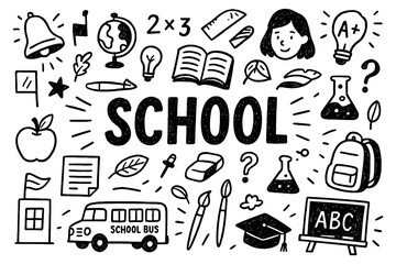 School doodle composition with students, books, and education supplies, Transparent Background