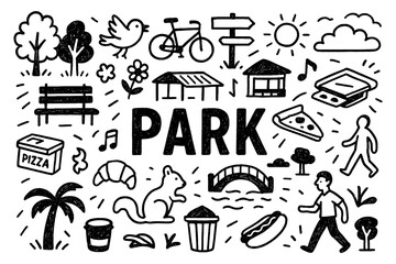 Park doodle composition with trees, people, and outdoor recreation icons, Transparent Background