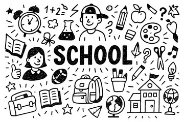 School doodle composition with students, books, and education supplies, Transparent Background