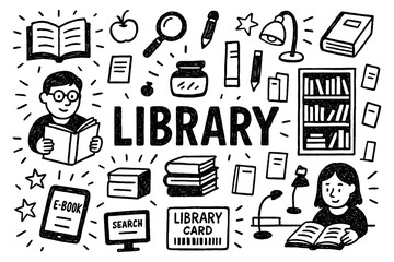 Library doodle composition with books, readers, and study icons, Transparent Background