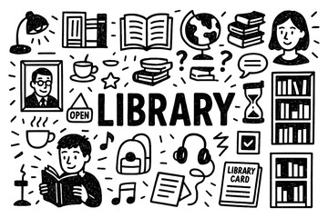 Library doodle composition with books, readers, and study icons, Transparent Background
