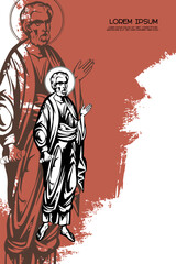 Religious vintage poster template with Saint Peter. Christian illustration in Byzantine style