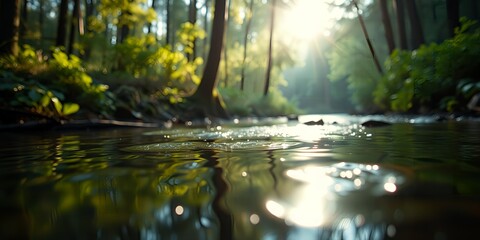 Sunlight streams through lush green forest trees onto a flowing river with ripples and reflections