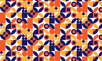 Seamless Geometric Abstract Pattern with Retro Shapes and Bold Colors – Modern Mid-Century Background in Orange, Navy Blue, and Yellow for Textile, Wallpaper, and Graphic Design