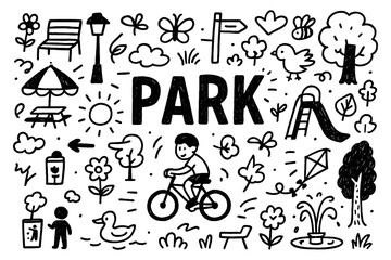 Park doodle composition with trees, people, and outdoor recreation icons, Transparent Background