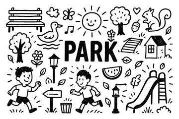 Park doodle composition with trees, people, and outdoor recreation icons, Transparent Background