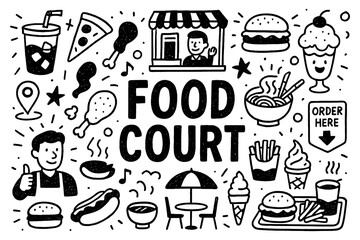 Food court doodle composition with fast food, drinks, and restaurant icons, Transparent Background