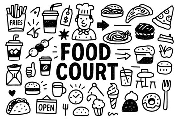Food court doodle composition with fast food, drinks, and restaurant icons, Transparent Background