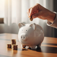 Close-up of a hand inserting a gold coin into a white piggy bank, with stacks of coins on a wooden table, symbolizing savings, investment, and financial planning.