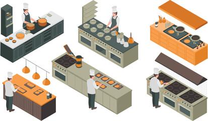 Professional chefs working in modern isometric kitchen interior preparing delicious meals, cooking on stoves, teamwork concept, restaurant kitchen illustration