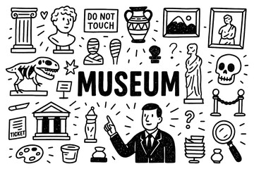 Museum doodle composition with statues, artifacts, paintings, and historical objects, Transparent Background
