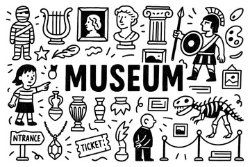 Museum doodle composition with statues, artifacts, paintings, and historical objects, Transparent Background