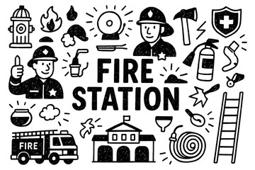 Fire station doodle composition with firefighters, fire truck, and emergency equipment, Transparent Background