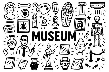 Museum doodle composition with statues, artifacts, paintings, and historical objects, Transparent Background
