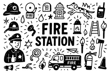 Fire station doodle composition with firefighters, fire truck, and emergency equipment, Transparent Background