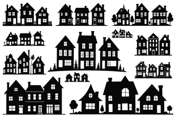 Collection of black house silhouettes with trees and fences