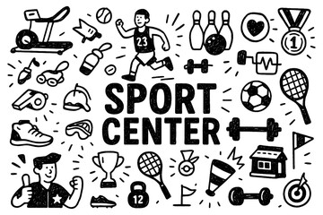 Sport center doodle composition with athletes, fitness equipment, and various sports icons, Transparent Background