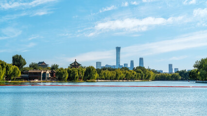 Scenic lake view with city skyline in the background