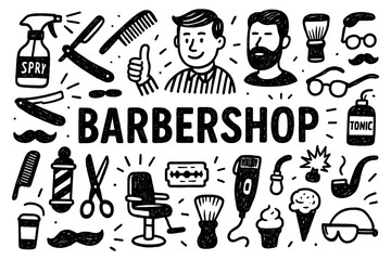 Barbershop doodle composition with barber tools, haircuts, and grooming icons, Transparent Background