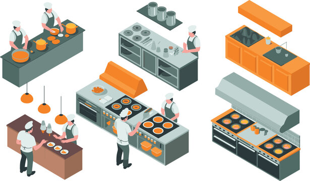 Professional chefs working in modern isometric kitchen interior preparing delicious meals, cooking on stoves, teamwork concept, restaurant kitchen illustration